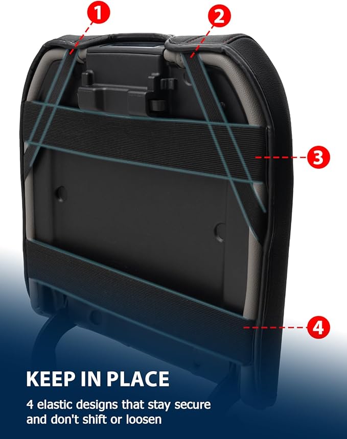 Center Console Armrest Cover for Chevy Silverado 1500 Accessories & GMC Sierra 2019-2026, Yukon & Tahoe & Suburban 2021-2026, Bucket Seat, PU Leather Middle Console Lid Cover Pad, Black-Blue Stitch
