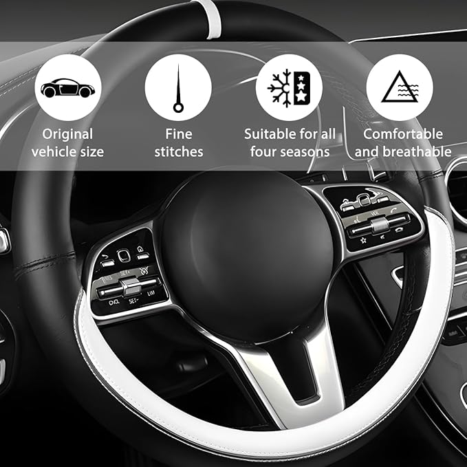 Car Steering Wheel Cover, 15 Inch Leather Anti-Slip Breathable Vehicle Steering Wheel Protector, Automotive Interior Protection Accessories, Universal for SUV Sedan Truck (Black/White)
