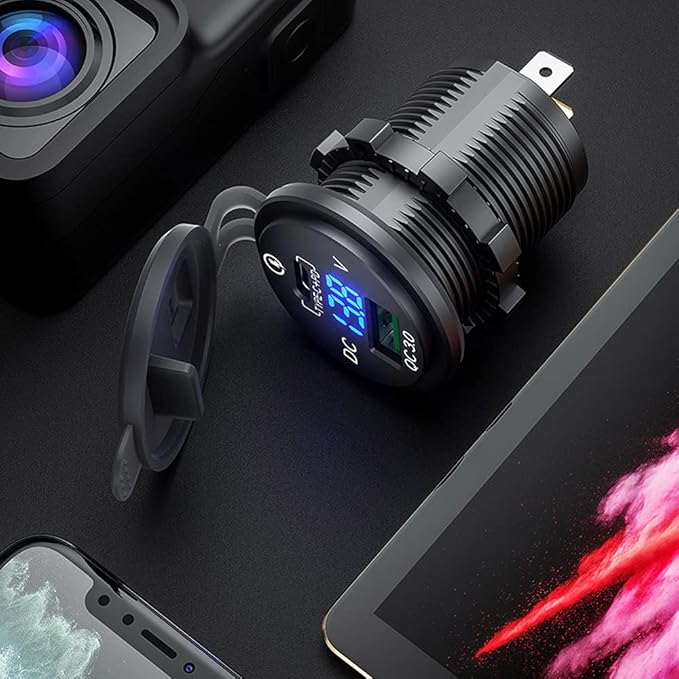 GemCoo 63W USB C Car Charger Socket, 45W PD Outlet 18W QC3.0 Charger 12V USB Cigarette Lighter Socket with LED Voltmeter for Car RV Boat Marine Truck Motorcycle