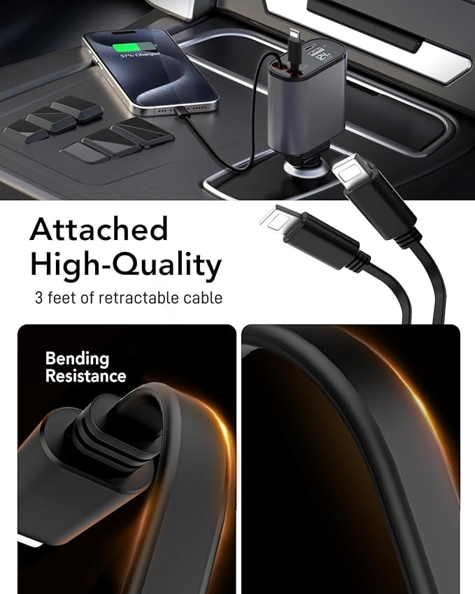 Retractable Car Charger, 4 in 1 Fast Charging 69W, Cigarette Lighter Adapter 2 Retractable iPhone Cables and USB Car Charger,Compatible with iPhone 14/13/12/11,Galaxy,Pixel