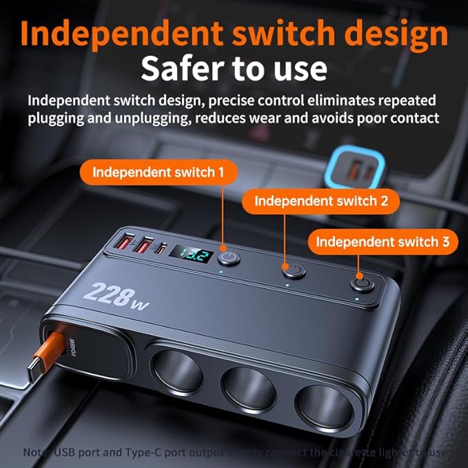 228W Car Charger Cigarette Lighter Splitter with Retractable USB-C Cable, 9-in-1 Multi-Port Car Power Adapter, Dual PD Fast Charging, LED Voltmeter for 12V–24V Vehicles
