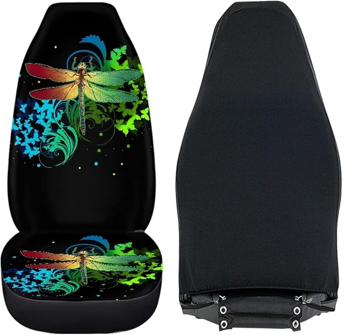 BIGCARJOB Butterflies Dragonfly Car Seat Covers Full Set,Dragonfly Pattern Bucket Seat Cover for Cars,SUV Truck,Univerfal Fit Auto Interior Accessories Car Seat Protector Set of 2 pcs