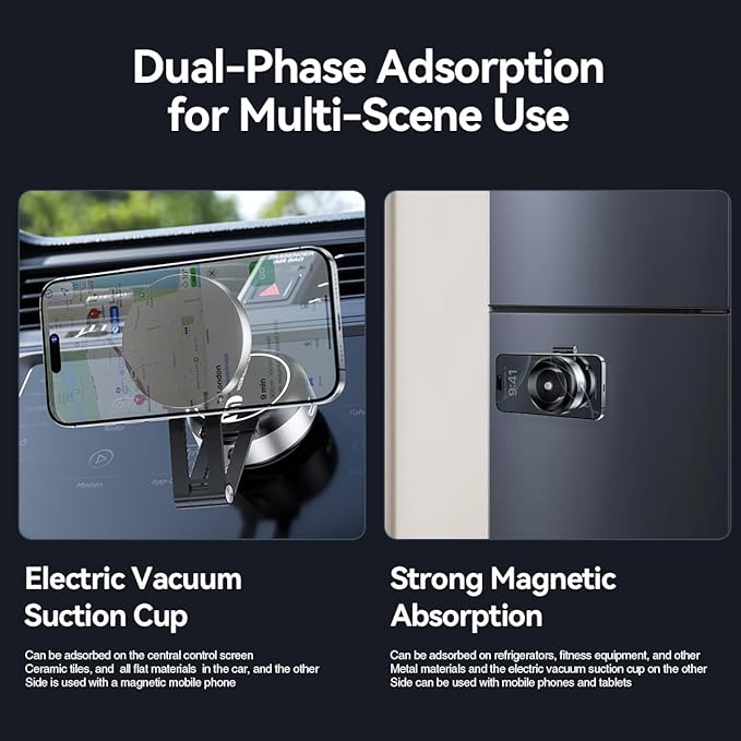 Vacuum Suction Magnetic Car Phone Holder, Electric Magnetic Car Phone Holder Mount Foldable Adjustable Car Mount for iPhone12-16,Mirror/Glass/Screen/Smooth None Porous Surface (Not Charge Phone)