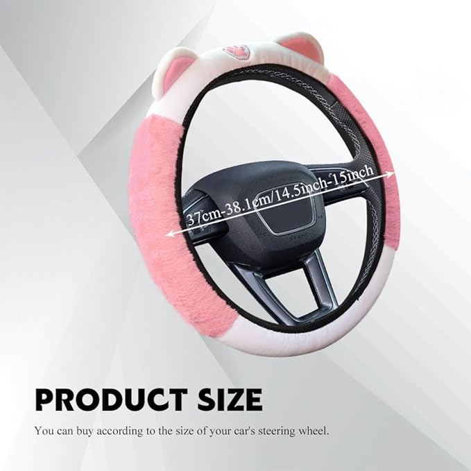 Car Steering Wheel Cover, 15 Inch Fluffy Soft Plush Auto Protector, Anti-Slip Elastic Lovely Car Cover Accessories with Kitty Cat Ears Universal for Most Cars (Fluffy-White+Light Pink)