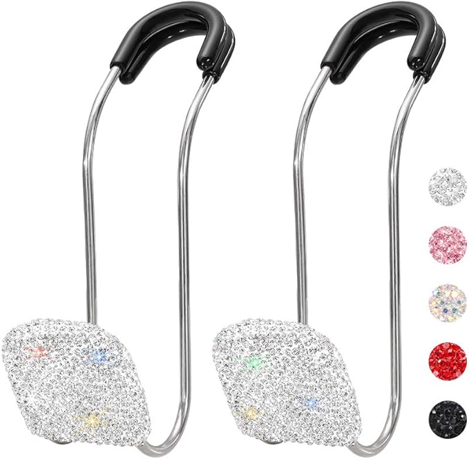 SAVORI Car Headrest Hooks Bling Car Accessories Rhinestones Universal Auto Back Seat Headrest Metal Hanger Organizer Vehicle Holder for Bag Purse Clothes Grocery 2PCS (White)