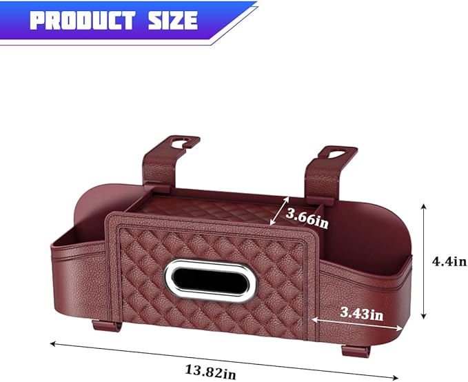 Car Headrest Backseat Organizer, Multifunctional Vehicle Seat Back Hanging Storage Box with Cup Holder and Hooks, Automotive Interior Headrest Storage Organizer, Universal Fit (Wine Red)