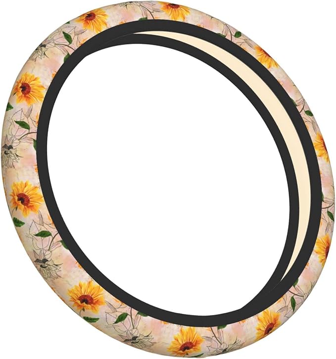 Vintage Sunflower Steering Wheel Cover Women Men Elastic Stretch Soft Car Wheel Protector Universal Breathable No-Slip Car Accessories for Truck Van SUV Auto Fit 14-15 Inches