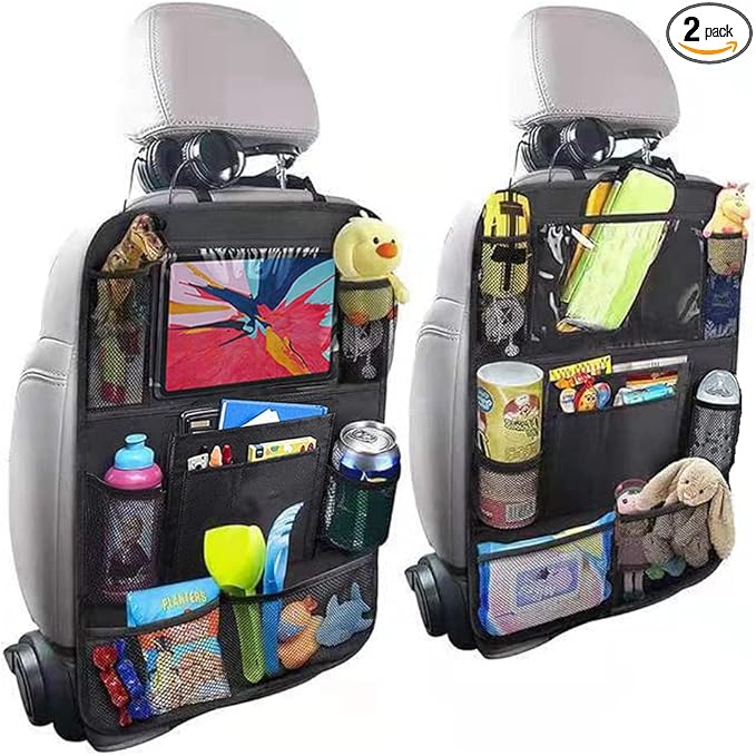 2 Pack Backseat Car Organizer & Kick Mat, Waterproof Seat Back Protector with Clear Pad/Tablet Holder, Universal Fit Car Organizer for Kids Travel Essentials & Storage for SUV/Truck/Sedan