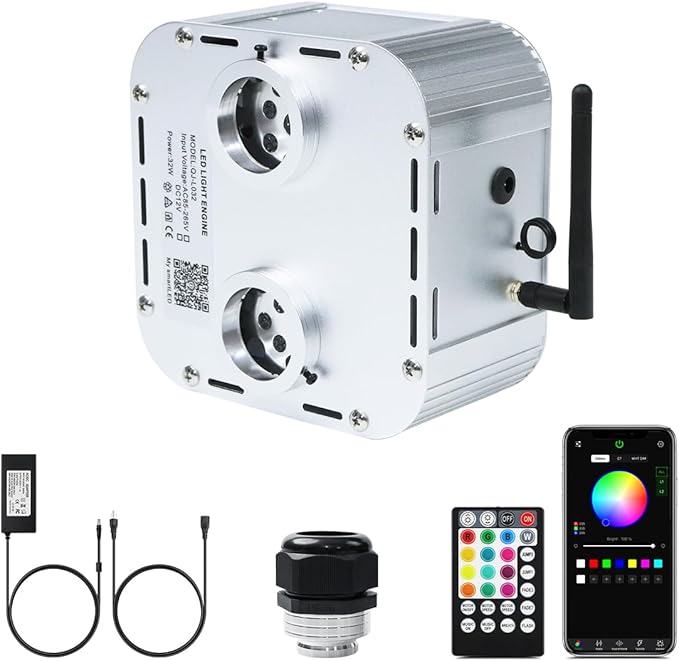 AMKI High Brightness Dual Color 32W Twinkle Sound Mode RGBW Light Source Engine Driver Remote/APP Control Dual Port Starlight Box Motor for Fiber Optic Star Ceiling Light Kit
