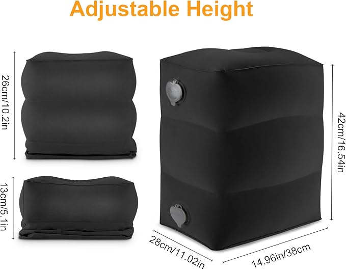 Maliton Inflatable Travel Foot Rest Pillow, Kids Airplane Bed, Adjustable Height Leg Pillow for Air Travel, Make a Flat Bed for Toddlers, Great for Airplane, Train, Car, Small Size（Black, 1 Pack）