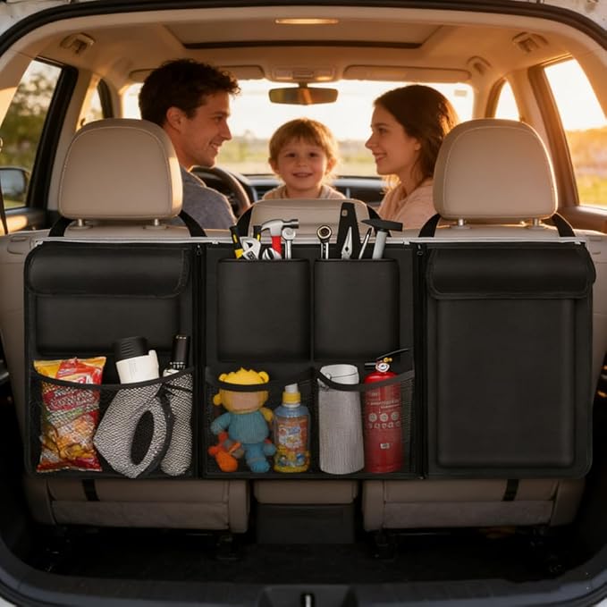 Car Trunk Organizer, Detachable Car Backseat Hanging Organizer with 7 Large Storage Pockets, Collapsible Back Seat Organizer Car Interior Accessories for SUV, Van, Jeep