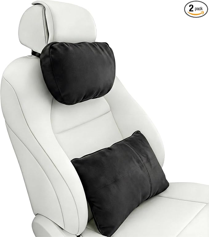 2PCS Car Pillow for Car Neck Pillow for Driving Seat Neck Support Soft Cushion Back Support Head-Rests for Vehicle Sleeping with Elastic Adjustment Strap (Black, Head and Lumbar)