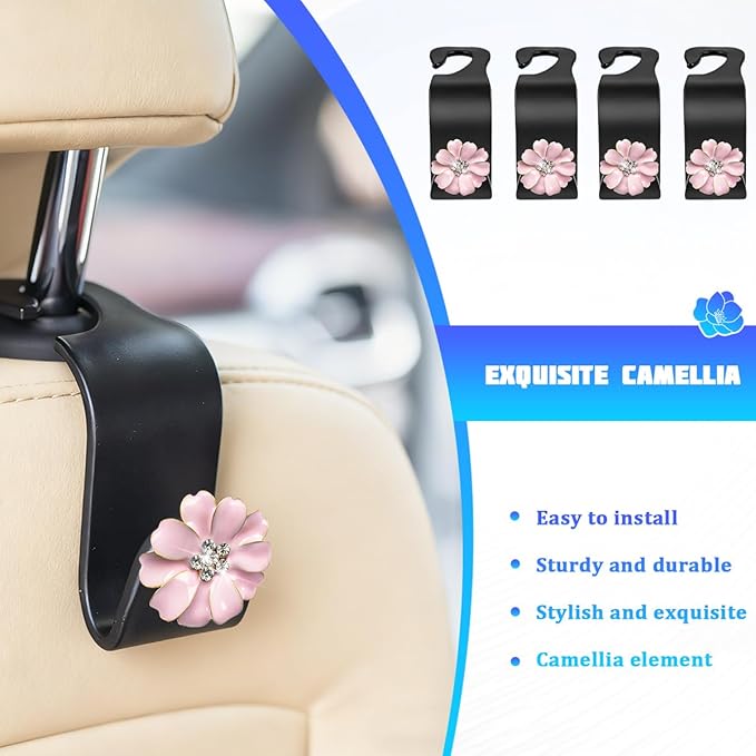 4PCS Bling Car Seat Headrest Hooks, Crystal Rhinestone Flower Vehicle Back Seat Hanger Holder Hook, Automotive Interior Hanging Storage Accessories for Purse Coats Bag, Universal Fit (Pink)