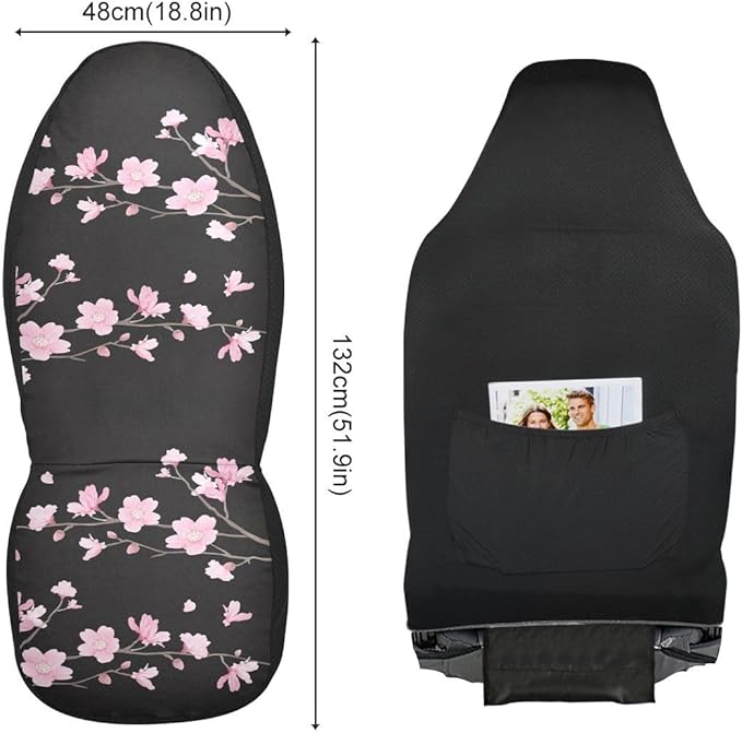 Cherry Blossom Car Seat Covers Set of 2,Japanese Pink Flowers Print Tree Branches with Falling Petals Universal Auto Front Seat Protector for Women Cute Car Accessories Fit for Car SUV Truck