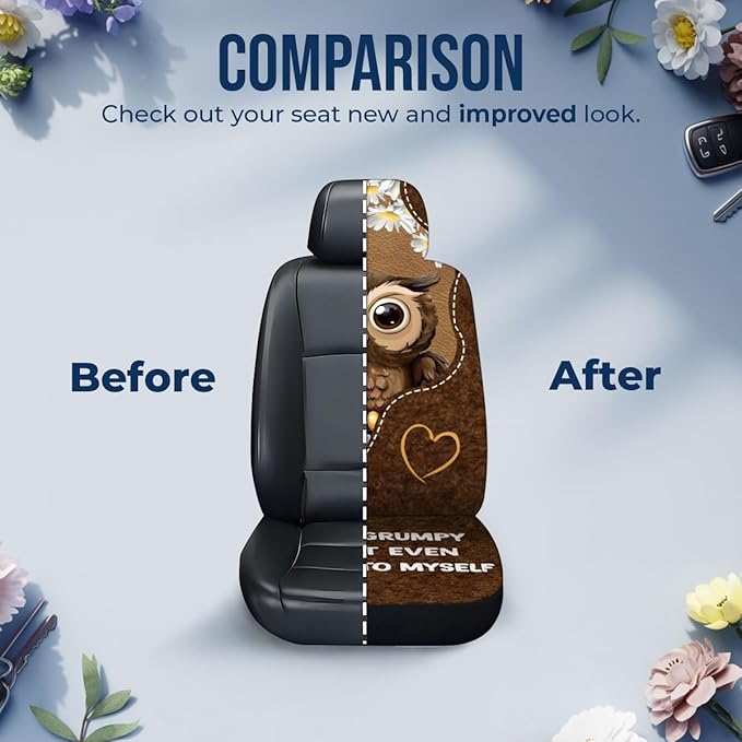 GENANY Cute Owl Car Seat Covers Set of 2, Breathable Front Seat Covers for Truck Sedan SUV, Funny Car Accessories, Owl Gift for Women
