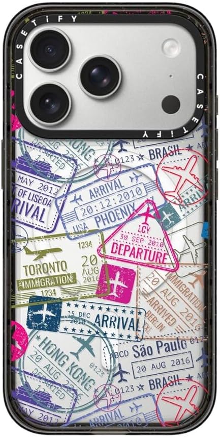 CASETiFY Impact iPhone 17 Pro Case [Slim/Compatible with Magsafe / 8.2 ft. 4X Military Grade Drop Protection] - Travel Stamps - Clear Black