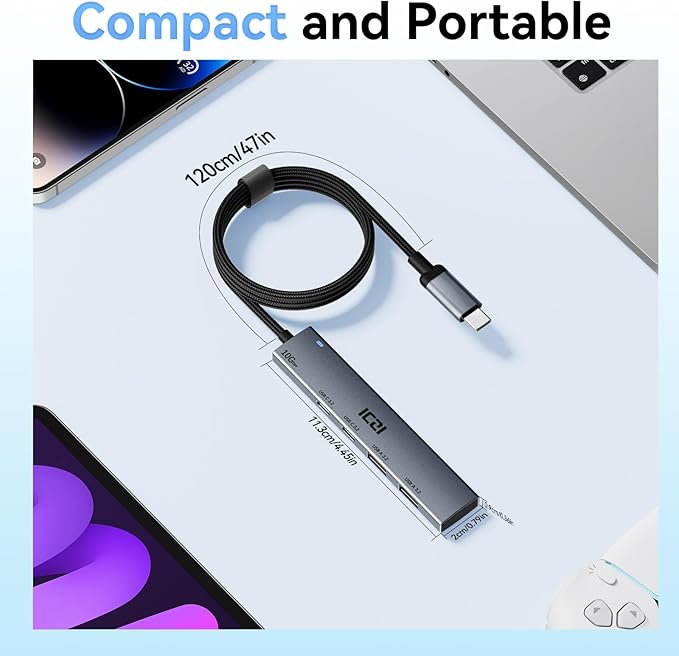 ICZI USB C Hub, 10Gbps 4 in 1 USB 3.2 Adapter with 2 USB-C & A 3.2 4FT Cable, 4 Ports Splitter Extender for MacBook Pro/Air, iPad Pro, iPhone 15/15 Pro Max, Surface, PC, Laptops