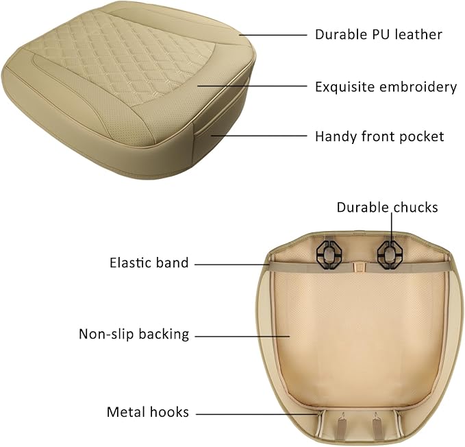GIANT PANDA Bottom Seat Cover for Trucks&SUV, Front PU Leather Driver Seat Protector Fit for Chevy,Ram,Toyota,GMC,Ford F150 F-Series (2PCS-Beige)