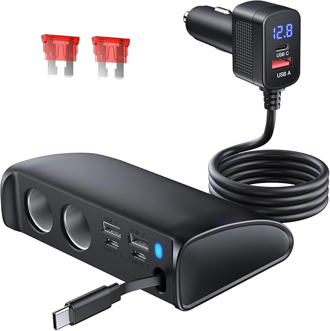 OOWOLF Retractable Cigarette Lighter Charger, 148W Car Charger Adapter 6 USB Ports, USB QC3.0 + PD3.0 Fast Charging, 70cm USB-C Charging Cable, Car Accessories, Compatible with 12/24V Vehicles
