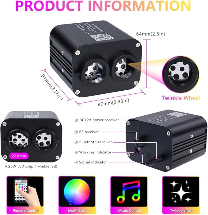 Starlight Headliner Kit,Twinkle + Music Sync Dual Color Fiber Optic Star Ceiling Lights with APP Remote Control, RGBW Star Lights for Car/Home Ceiling Decor, 1300pcs 9.8ft