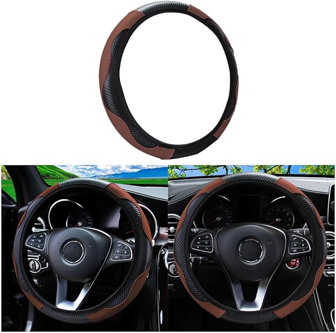 Car Steering Wheel Cover, 15 Inch PU Leather Carbon Fiber Elastic Stretch Without Inner Ring, Breathable Anti-Slip Auto Steering Wheel Protector for Women Men, Universal for Most Cars (Coffee)