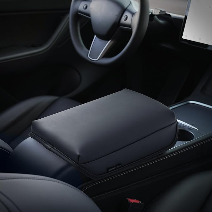 KMMOTORS Model Y, Model 3 Center Console Cover Basic Black, Armrest Cushion, Console Protector, Vegan Leather, Model 3(2020-2024) Accessories, Accessories for Model Y