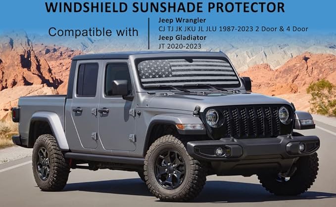 Windshield Sun Shade Compatible with Jeep Wrangler JK JKU JL JLU 1997-2023 & Jeep Gladiator JT 2020-2023 16.5"x52.5" Folding Front Window Sun Shade for Car Accessories (American Flag)