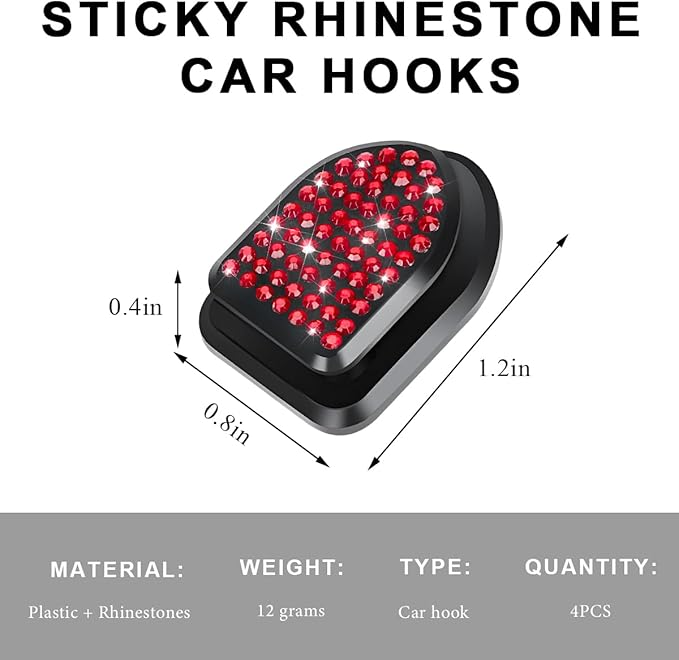 4 PCS Bling Car Mini Hooks, Cute Rhinestone Adhesive Back Seat Auto Hangers, Multifunctional Crystal Hanging Storage Hook for Vehicle Dashboard Wall Hat Coat Towel Key (Red)