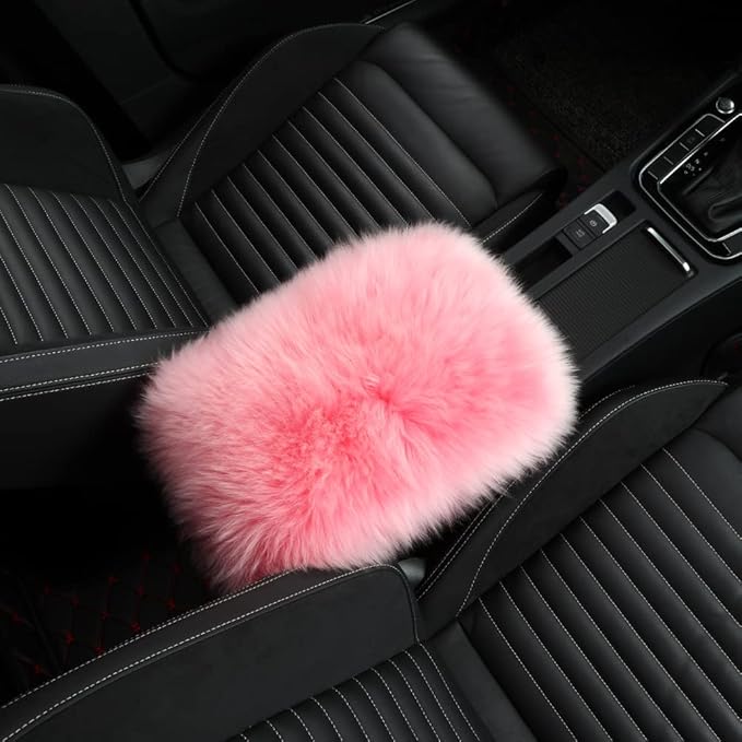 Sheepskin Armrest Cover Auto Center Armrest Cover Car Soft Console Pad, Fluffy Wool Auto Center Console Cover for Most Car Arm Rest Decoration Protector 9 x 14 Inch (Long Wool, Pink)