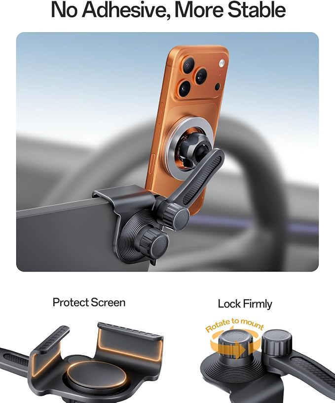 Upgraded MagSafe Tesla Phone Mount for Model Y Juniper & Model 3, No Adhesive ＆ Rock-Solid Stability Screen Clamp Phone Holder, 360° Adjustable, Compatible with All Phones, Tesla Accessories