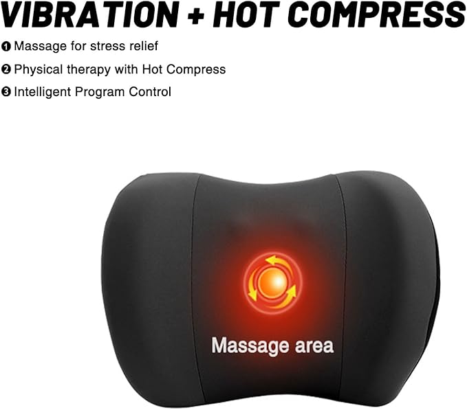 car headrest Pillow,Heat up Vibration Massage Neck Pillow,Memory Cotton Pillow,Neck Support for Office Chair,car seat Neck Pillow,Suitable for Driving, Home, Office Black