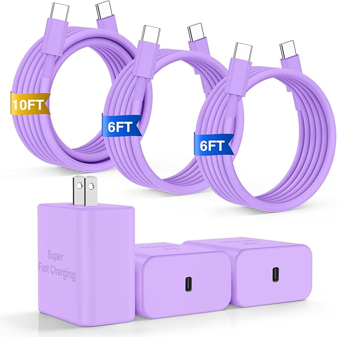 iPhone 17 16 Pro Max Charger Fast Charging, Super Fast USB C Chargers for iPhone 17(6FT+6FT+10FT) Type C Chargers Cord with Fast Charger Block for iPhone 17/16/15 series/iPad/ GalaxyS26/S25/S24 Purple