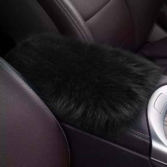 Auto Center Console Cover Pad, 11.81"x 7.87" Warm & Furry Winter Car Armrest Cover, Soft Faux Sheepskin Wool Car Armrest Seat Box Protector Cushion, Universal Interior Accessory (Black)
