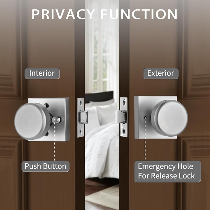 Brushed Nickel Door Knobs with Square Rosette, Interior Door Handles for Bath & Bed, Heavy Duty Door Knob with Lock