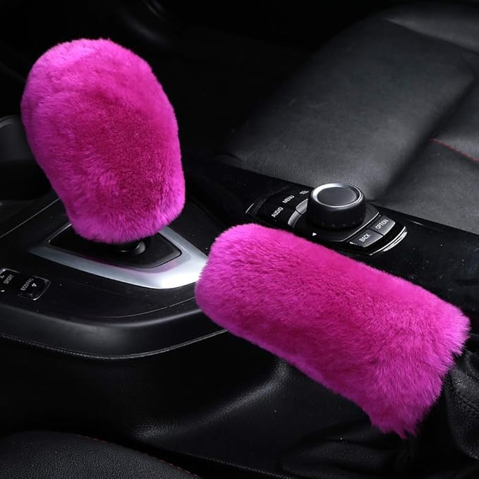 3Pcs/Set Pure Wool Fur Furry Steering Wheel Cover, Soft Fluffy Handbrake Cover Gear Shift Cover for Women Car SUV Truck Australia Sheepskin Accessories