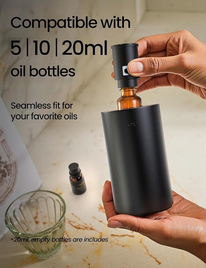 Waterless Essential Oil Diffuser, Rechargeable Scent Diffusers with 3 Mist Levels & Timers, Portable Aromatherapy Diffuser for Home Car Room Studio Office, Black Metal