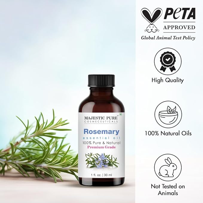 Majestic Pure Essential Oil with Glass Dropper - 100% Pure and Natural - Essential Oils for Diffuser, Aromatherapy, Soap and Candle Making, Rosemary Essential Oil, Rosemary Oil, 1 Fl Oz