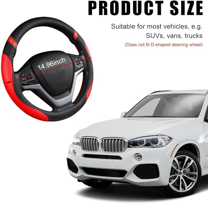 Car Steering Wheel Cover, Non-Slip Leather Auto Steering Wheel Protector, Comfortable Steering Wheel Cover Protector for Most Cars, Universal Interior Car Accessories (Red)