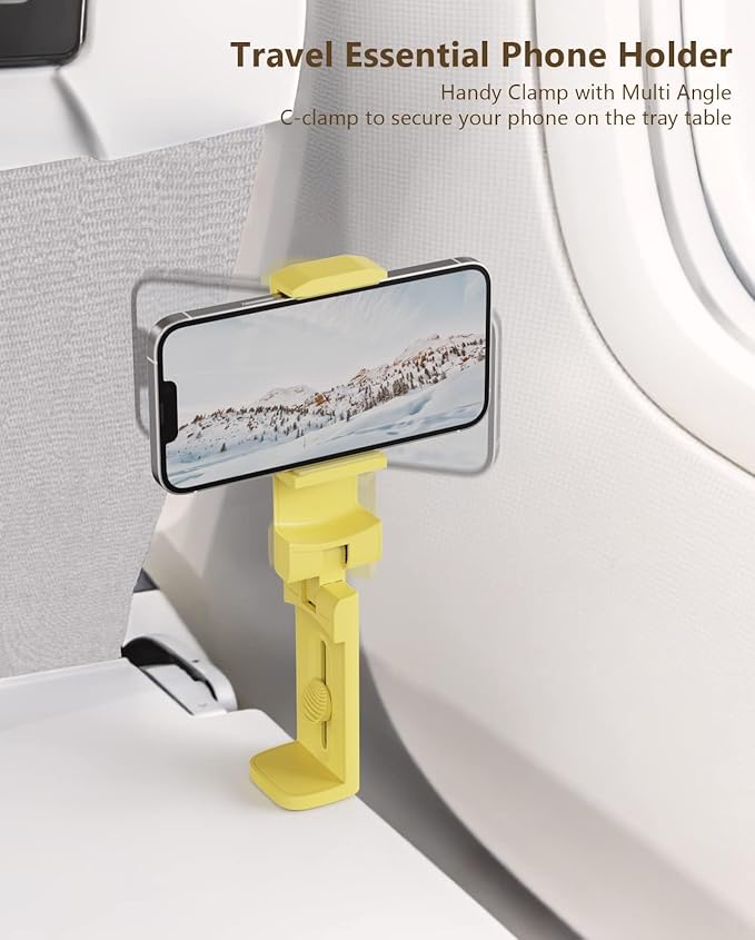 MiiKARE Airplane Travel Essentials Phone Holder, Universal Handsfree Phone Mount for Flying with 360 Degree Rotation, Accessory for Airplane, Travel Must Haves Phone Stand for Desk, Tray Table, Yellow