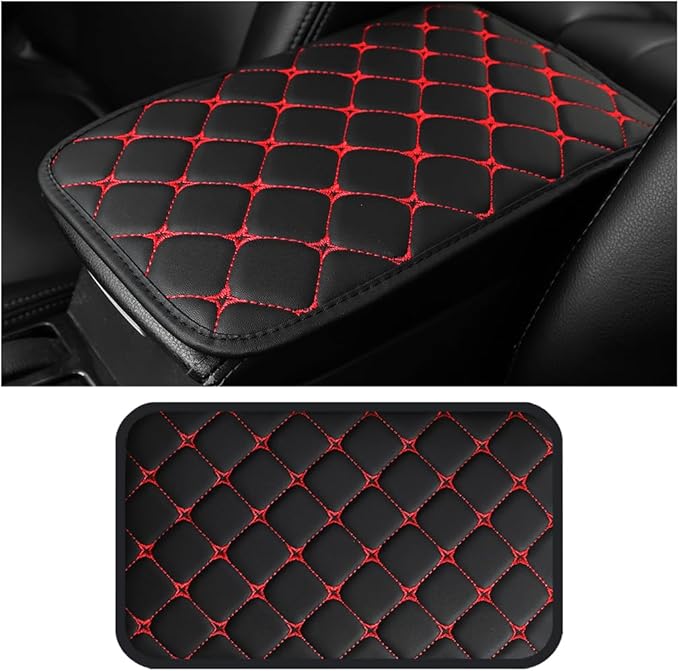 HZEL Car Center Console Cushion Pad, PU Leather Vehicle Armrest Protection Cover, Waterproof Automotive Interior Arm Rest Seat Box Mat Accessories, Universal for SUV, Sedan, Truck (Black/Red)