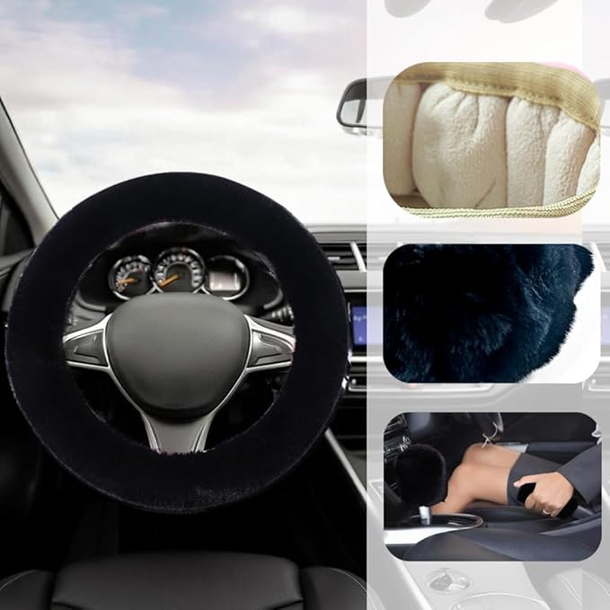 Fluffy Steering Wheel Cover, Winter Warm, Suitable for Most Car Steering Wheels in The 14-15 Inch Range (Black, 3PCS)