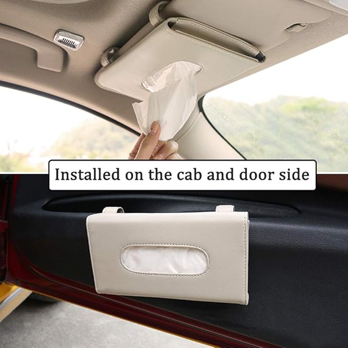 Car Tissue Holder, Sun Visor Napkin Box, Auto Napkin Case with Tissues Refill, Paper Towel Dispenser, Vehicle Interior Accessories Universal for Car SUV Pickup Truck-Beige