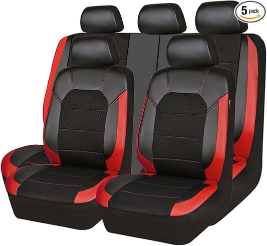 CAR PASS Universal Leather car seat Covers Sport fits Most Cars, SUVs, Trucks, and Vans (Full Set, Black Red)