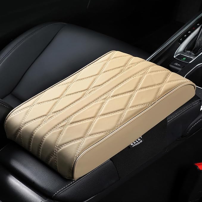 Car Center Console Cover, Memory Foam Leather Vehicle Armrest Seat Box Pad Protector, Comforable Waterproof Automotive Center Middle Cushion Mat Accessories, Universal Fit (Beige)