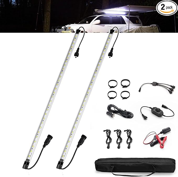 FIERYRED 2PCS 12V Dimmable LED Camping Light Bars IP67 Waterproof & Dustproof, Built-in Magnets & Velcro Mount, Aluminum Lighting Kit for Tent, RV, Awning, Roof Rack, Vehicle, White