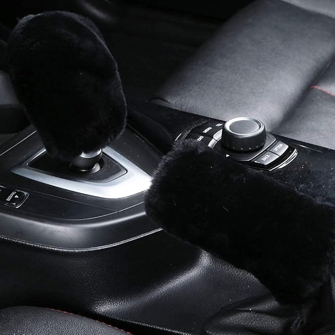 3Pcs/Set Pure Wool Fur Furry Steering Wheel Cover, Soft Fluffy Handbrake Cover Gear Shift Cover for Women Car SUV Truck Australia Sheepskin Accessories