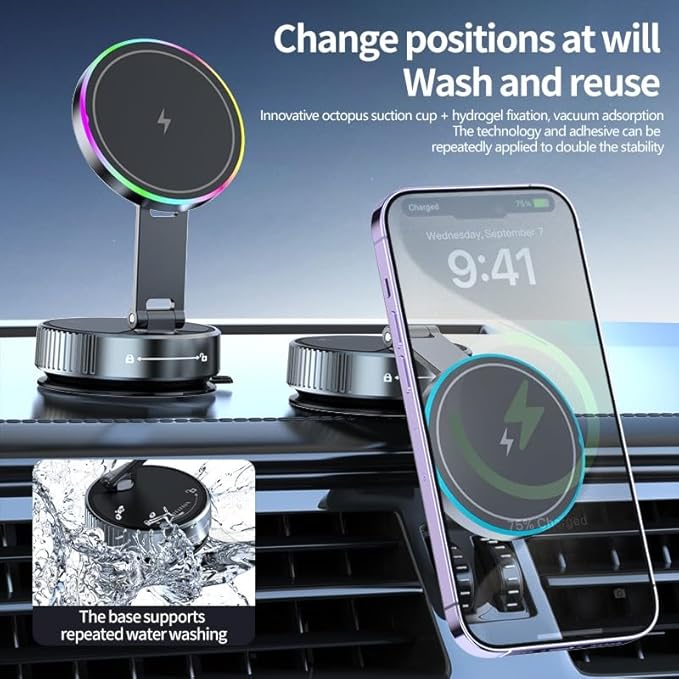 Trendwave Car Mount Charger 15W Wireless Charger Suction Cup Phone Mount with Breathing RGB Light, 360° Adjustable Vacuum Magnetic Holder for iPhone 17 Pro Max/17 Air/16/15 Plus – Gray