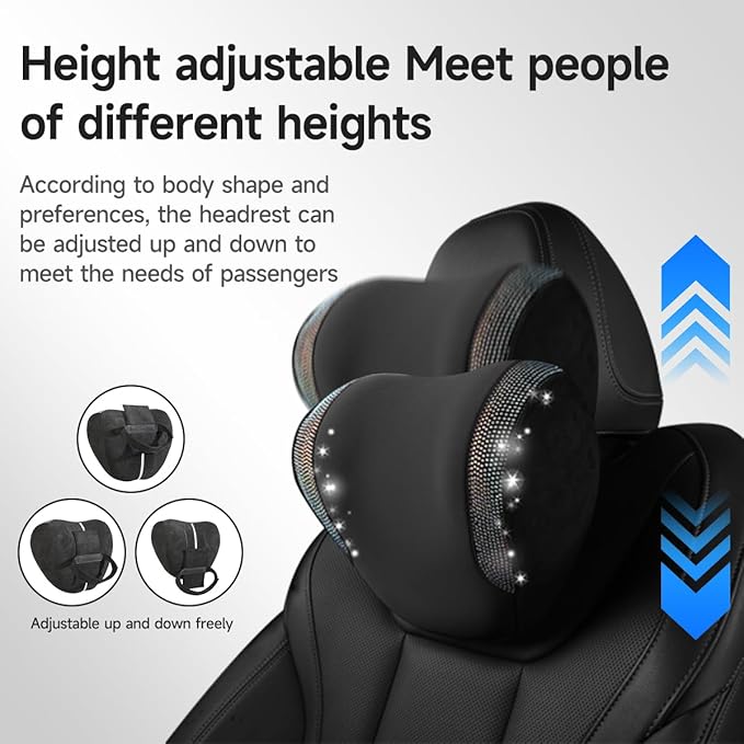 2 Pack Diamond Car Neck Pillow for Women, Memory Foam Neck Pillow for Chair for Lower Back Pain Relief, Car Headrest Pillow with Adjustable Strap, Comfort Softness Neck Support Pillow(Black)