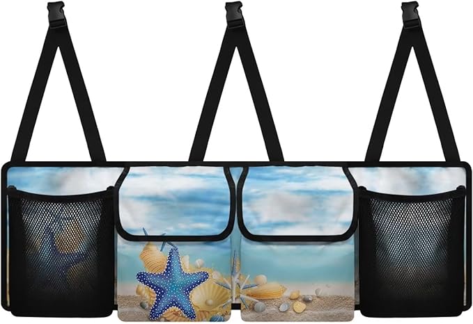 Foldable Car Backseat Trunk Organizer Beach Starfish Conch Collapsible Cargo Bag for SUVs&Sedans Auto Hanging Seat Back Storage