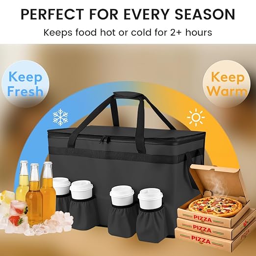 CIVJET Insulated Food Delivery Bag with 4 Cup Holder and Bottom Support, XXX-Large Insulated Grocery Bags Keep Food Hot/Cold, Cooler Bags with Drink Carrier, Food Carrier Catering Bag for Events,Black